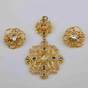Balenciaga RARE Vintage Gold-Plated Pendant Stone & Earrings Set